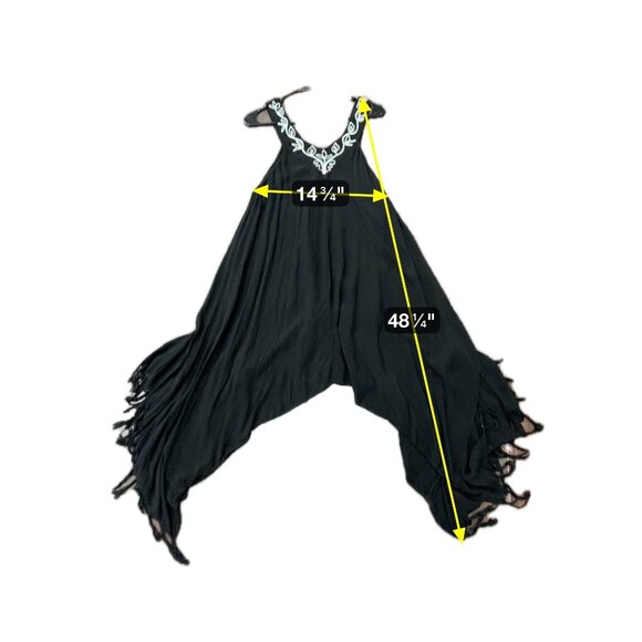 Ace Fashion Black Embroidered Fringe Handkerchief Hem Dress One Size Boho Chic - Picture 7 of 10